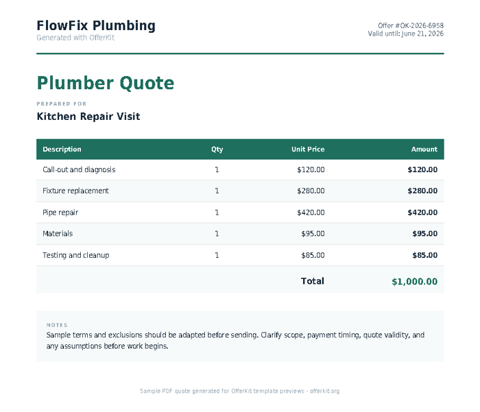 Example OfferKit quote PDF with line items, totals and notes